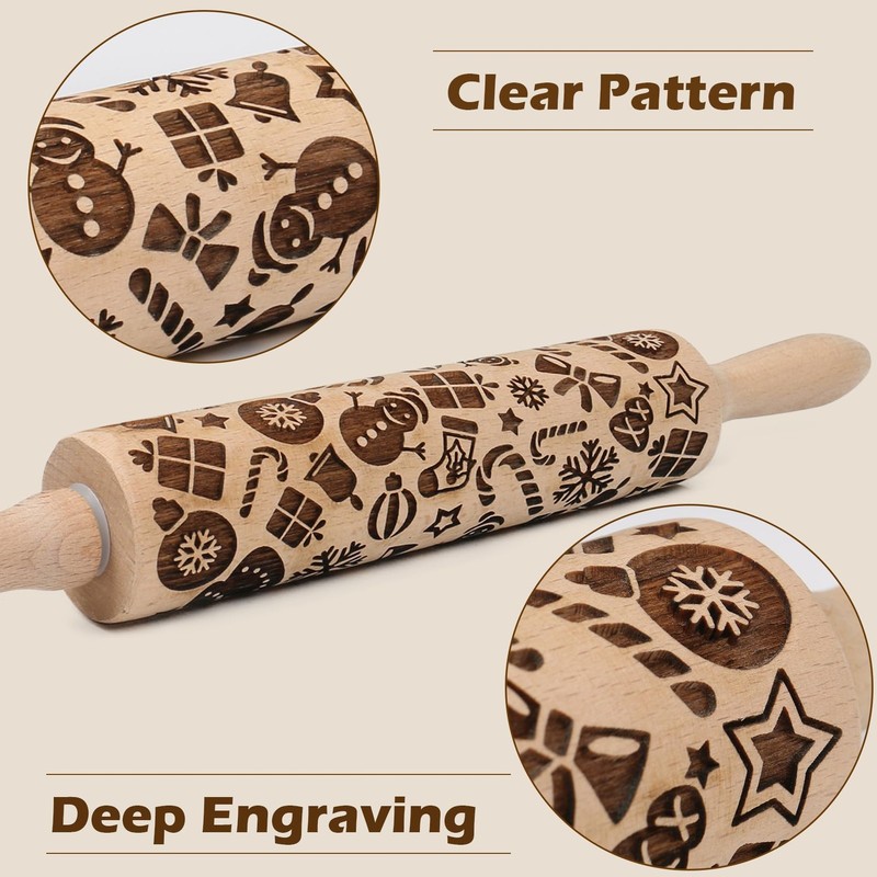 Christmas Embossed Rolling Pin for Baking 2"x2"x15", Snowman gallery