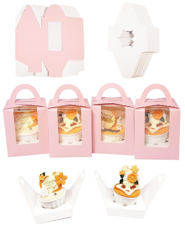 60 PCS Pink Individual Cupcake Boxes with Window 3.7x3.7x4.3 Inch Carrier gallery
