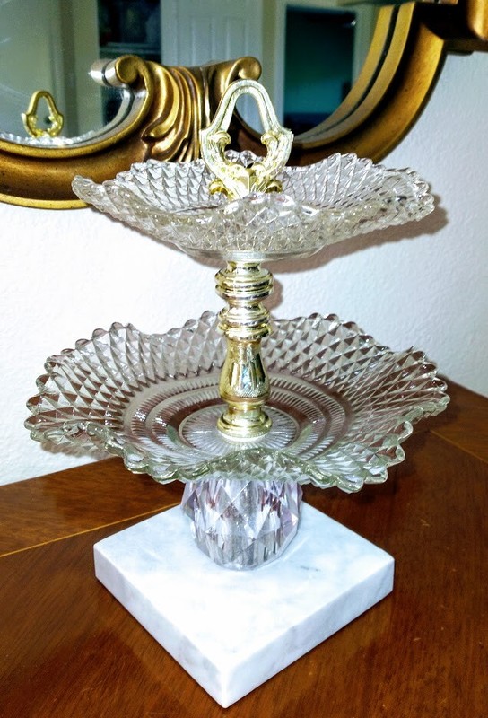 Serving Stand 2-Tier Sweets Pastry White Italian Marble Base Clear Prizm Ball