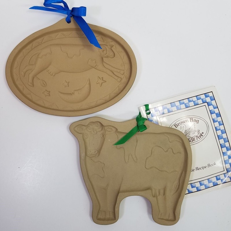 Lot of Two Brown Bag Cookie Art Molds Cow Standing Cow Jumps Over the Moon