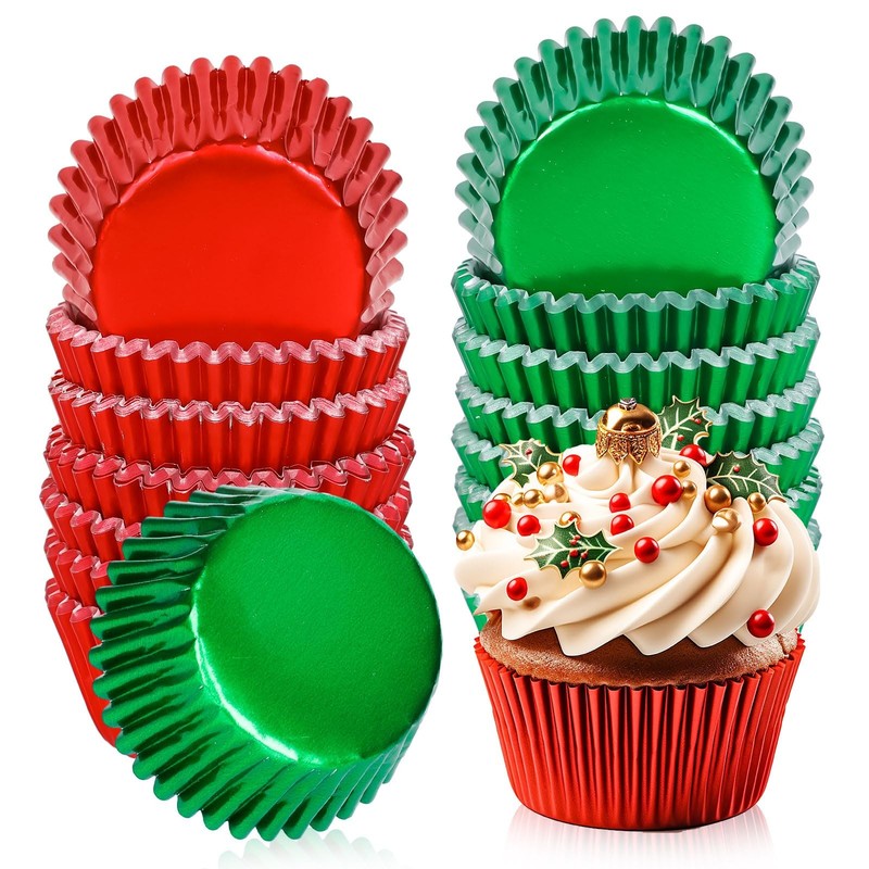 200 PCS Christmas Red Green Foil Cupcake Liners Metallic Baking Cups Wrapper