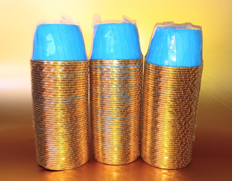 150 Pc Blue And Gold Aluminum Foil Paper Cup Cake Liners Large Size 2.5 Inch