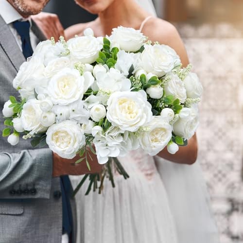 10 Bundles Artificial Peonies Hydrangea Artificial Flowers Silk Milky White gallery
