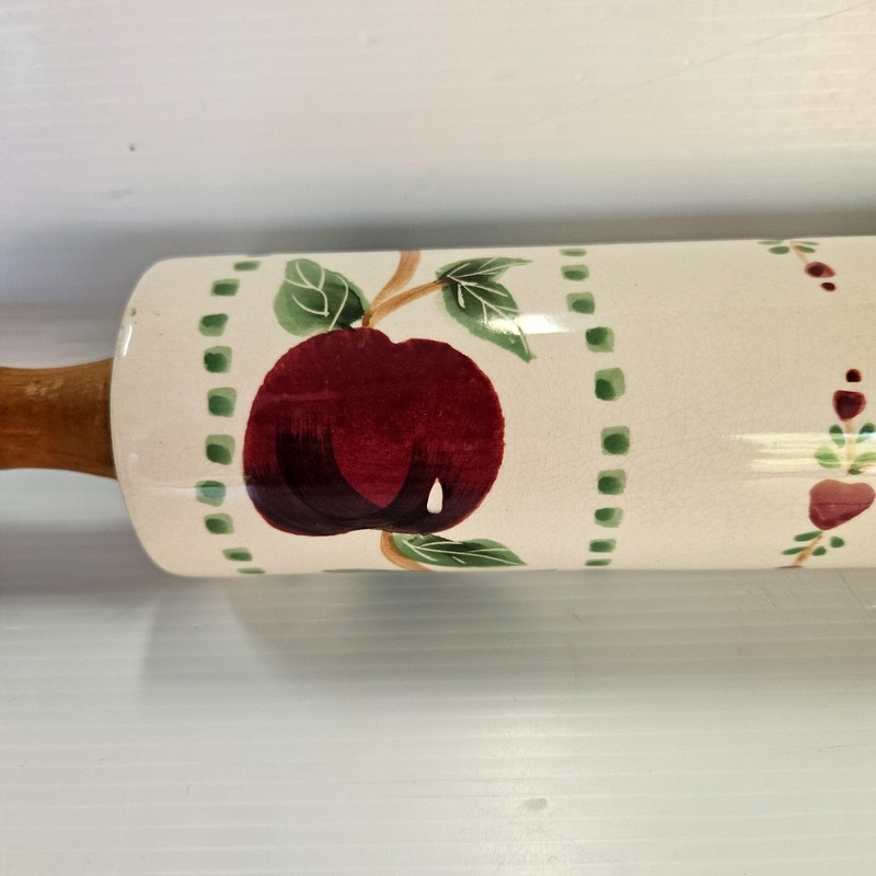 Stoneware Bakers Rolling Pin Wooden Handles Apples Vintage - used gallery
