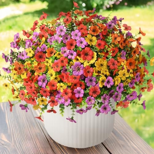 Artificial Flowers Faux Plants Outdoor Fake Flowers Spring Decor,12 Bundles Mix