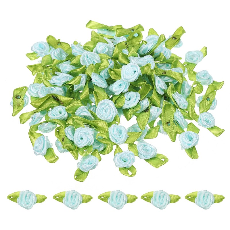 Mini Ribbon Roses, 200 Pcs Satin Fabric Flowers with Green Leaves, Light Blue