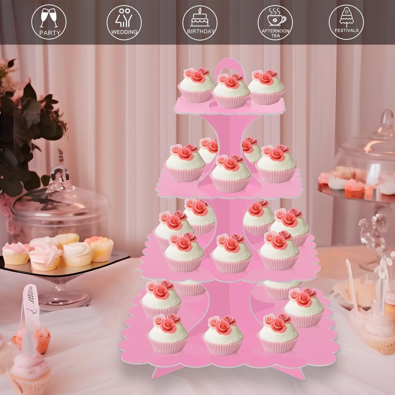 2 Pack 4-Tier Square Pink Cupcake Stand, Cupcake Tower for Theme Parties,Wedd... gallery