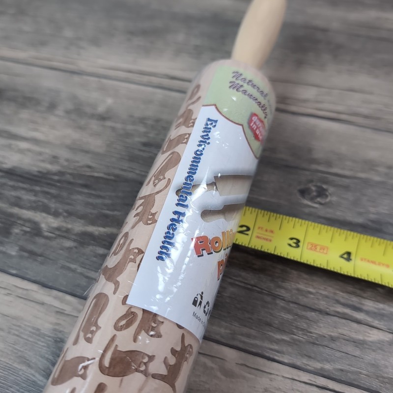Embossed Rolling Pin Natural Wood Scandinavian Cats Pattern Light Grain New gallery