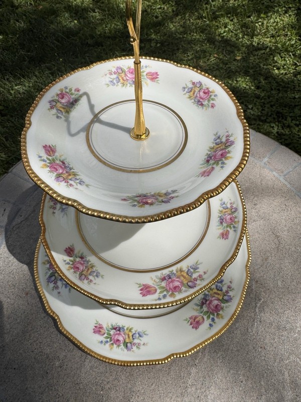 Castleton China 3-Tier Porcelain Floral Cake Stand Metal Handle gallery