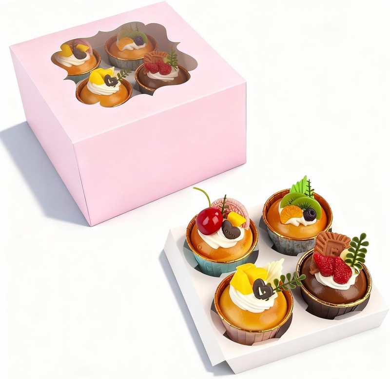 Cupcake Boxes with Window 6.5X6.5X3 Inch – 20 Pack Bakery Boxes with 4-Compartme