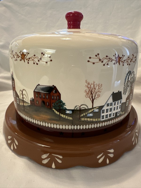Vintage Ceramic Cake or Cheese Cover & Platter, houses/country/farms/Sheep/Fall gallery