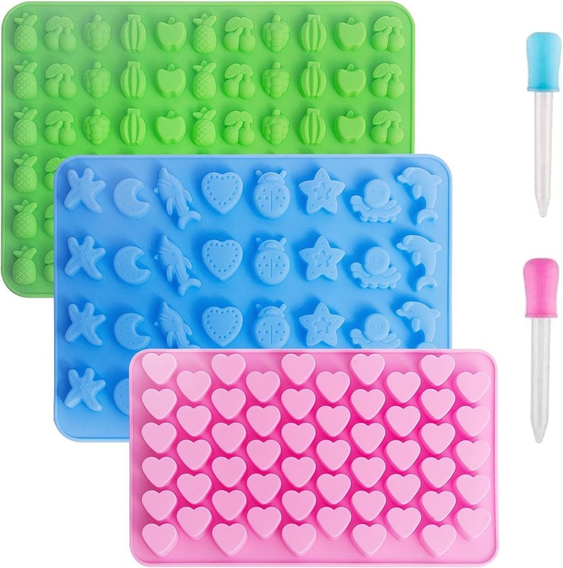 3 Pack Mini Silicone Gummy Candy Chocolate Molds Contains Small Hearts, Fruits,