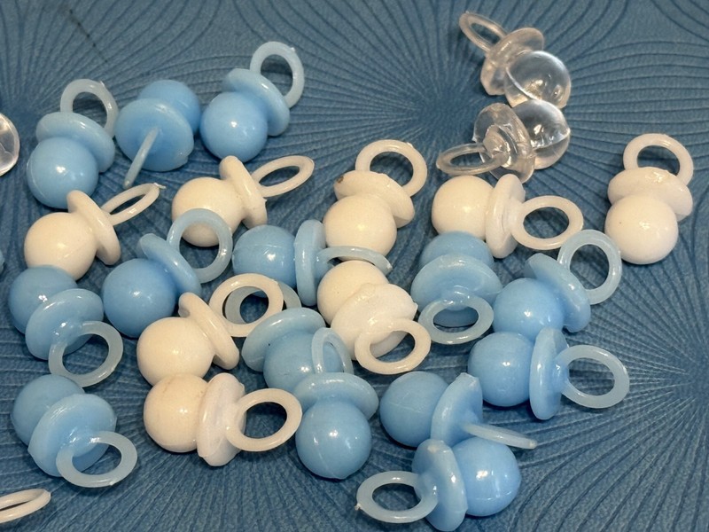 Set of 40 Vintage Baby Shower Cake Toppers Plastic Rattles Pacifiers Favors NOS gallery