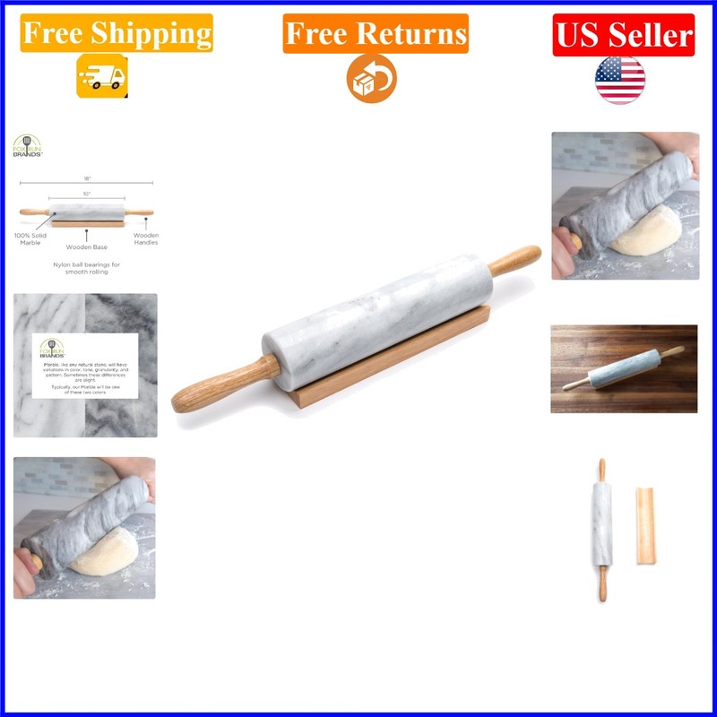White Marble 10-Inch Rolling Pin with Wooden Base, Easy Grip, Non-Stick