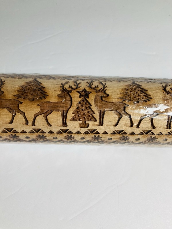 17” Embossed Wooden Rolling Pin, Engraved Snow Flakes Reindeer Xmas Tree NEW NIP gallery