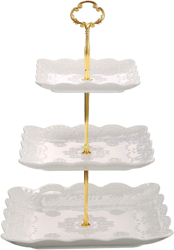 3 Tier Porcelain Cupcake Stand, Tiered Serving Cake Stand, Square White Embossed gallery