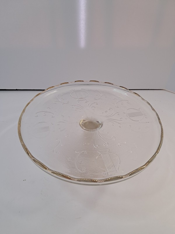 Vintage Clear Pressed Glass Cake Stand with Gold Trim & Harp Lyre Pattern gallery
