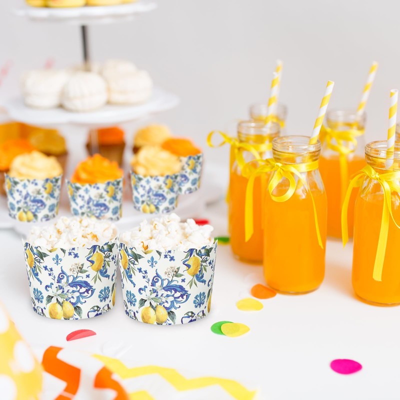 100Pcs Blue Tile Lemon Baking Cups Lemon Cupcake Wrappers Summer Scalloped Ed... gallery
