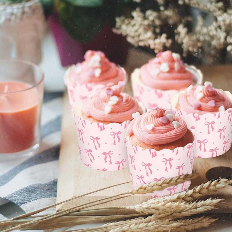 100Pcs Pink Bow Paper Baking Cups Bowknot Cupcake Wrappers Pink Ribbon Bow Sc... gallery