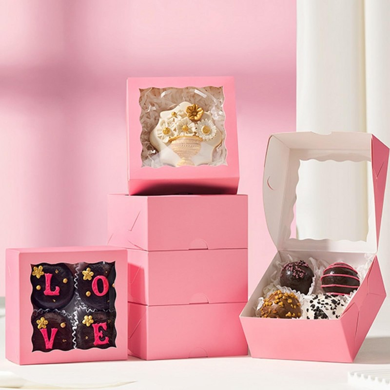 50 PCS 4x4x2 Inch Pink Bakery Box With Clear Window Cookie Pastry Treat DIY gallery