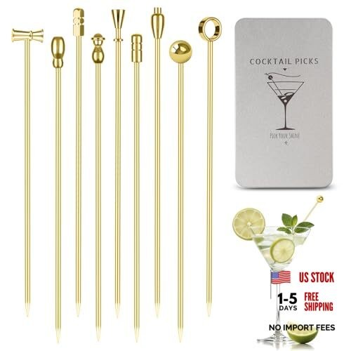 Metal Cocktail Martini Picks 4.1 in Olive Skewers Stainless Steel, Martini Gold