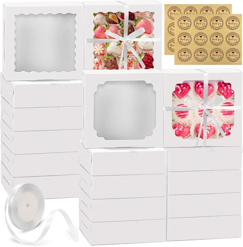 MUMULULU Pack of 22 White 8x8x2.5 Inches Cookie Boxes with Window in 8″x8″x2.5″