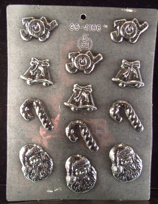 4 Small Christmas Chocolate Candy Molds Bow, Bell, Santa, Candy Cane gallery