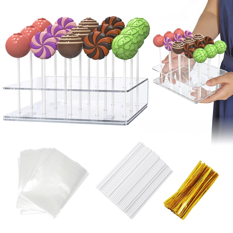 Lollipop Stand Holder, 2 Pack Cake Pop Display, 100 Sticks, Wrappers, Clear