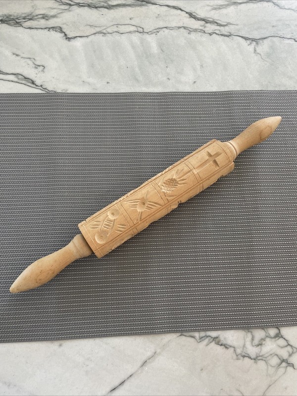 VTG German Springerle Rolling Wooden Pin 16 Cookie Molds Folks Art Animals Flora gallery