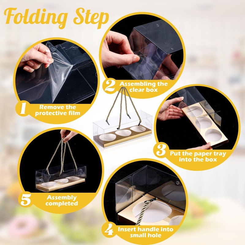 40 PCS Gold Clear Cupcake Boxes 3Count Containers With Handle 9x3x3 Inch gallery