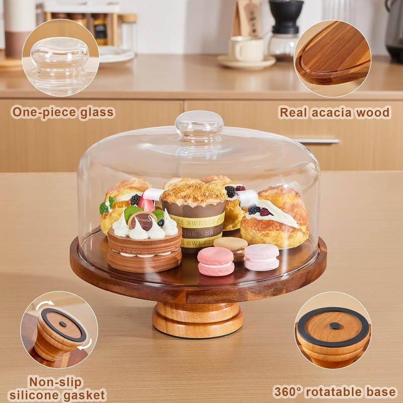 Glass Cake Stand with Lid,11in Wooden Rotating Cake Stand with Dome Cover, Ca... gallery