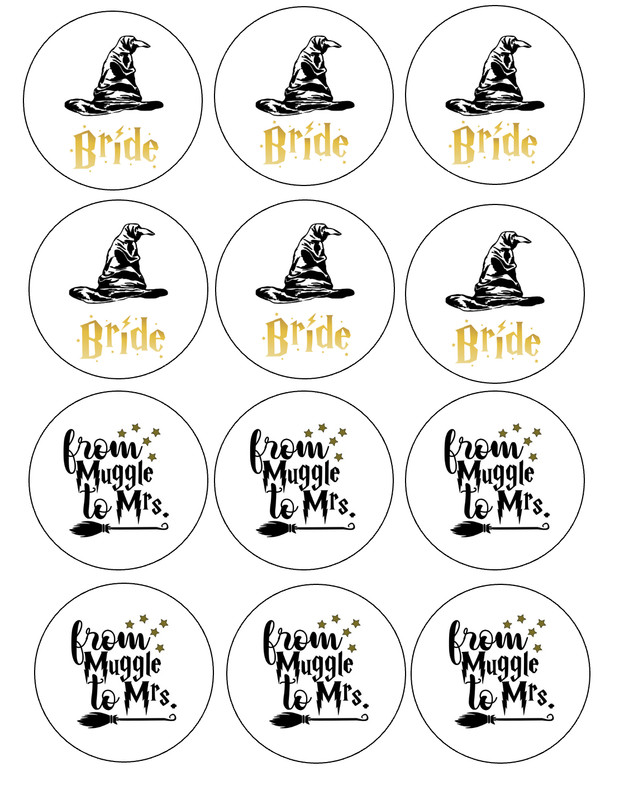 12 Harry Potter Bachelorette Party, Bride, edible paper, cupcake cookie toppers