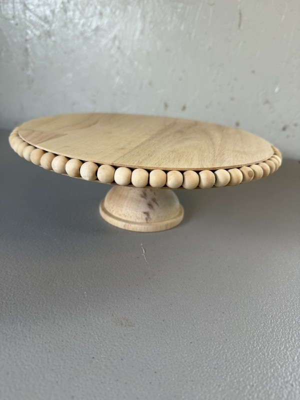 Cake Stand Round Beaded Pedestal Wooden Farmhouse Dessert 10”w 3 3/4 “ Tall
