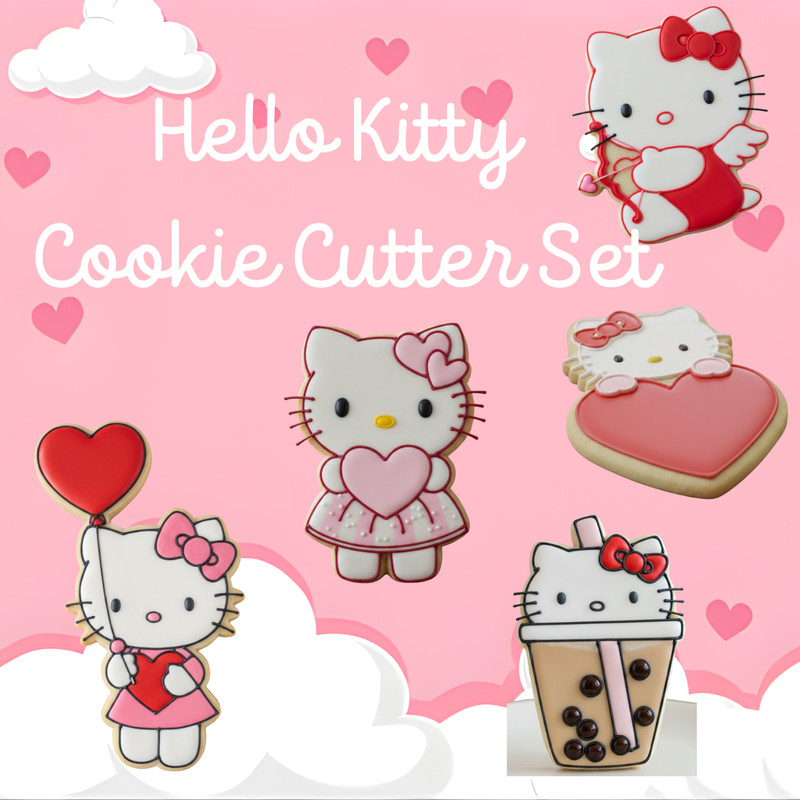 Hello Kitty 5-Piece Cookie Cutter Set | 4″ Valentine’s & Boba Edition