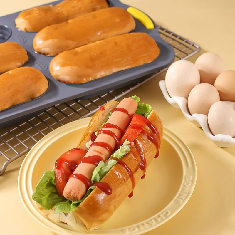Hot Dog Bun Pan,6 Cavity Bread Loaf Pan,Silicone Hotdog Bun Mold,Nonstick & Heat gallery