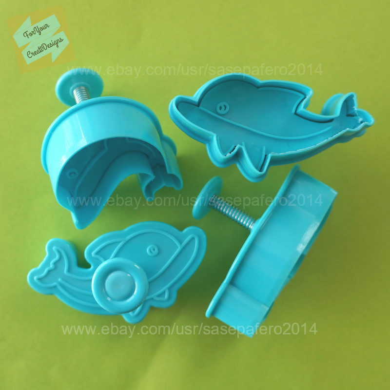 Dolphin plunger cookie cutter with stamp, 4 pieces set. 4 different designs. gallery
