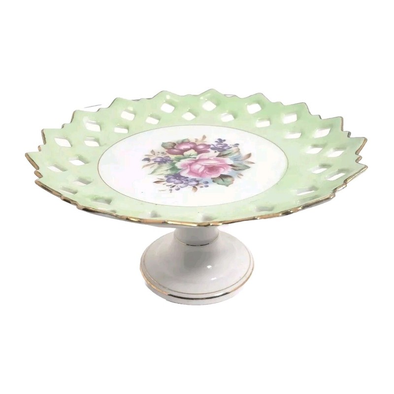 Cake Stand Green Pink Floral Rose Pedestal Gilded Reticulated Lattice Edge Vtg