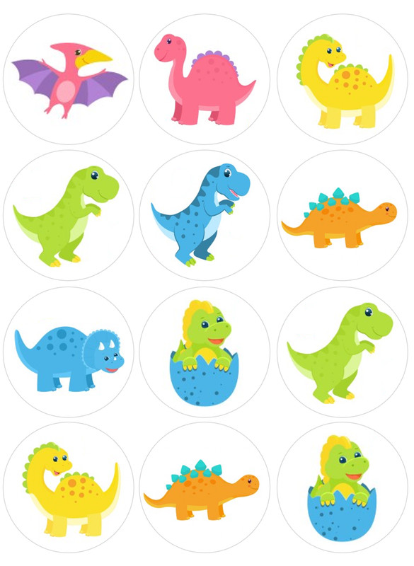 12 count Cute Dinosaurs, Edible Image rounds, Wafer paper, pre cut