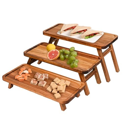 3 Tier Serving Tray Acacia Wooden Tiered Tray Stand Foldable Acacia Brown gallery