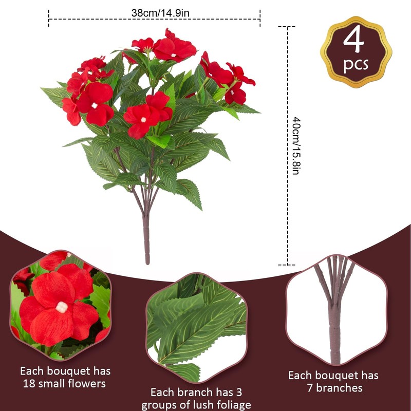 Artificial Impatiens Flowers Red 4Pcs UV Resistant Outdoor Silk Bushes Porch Dec gallery