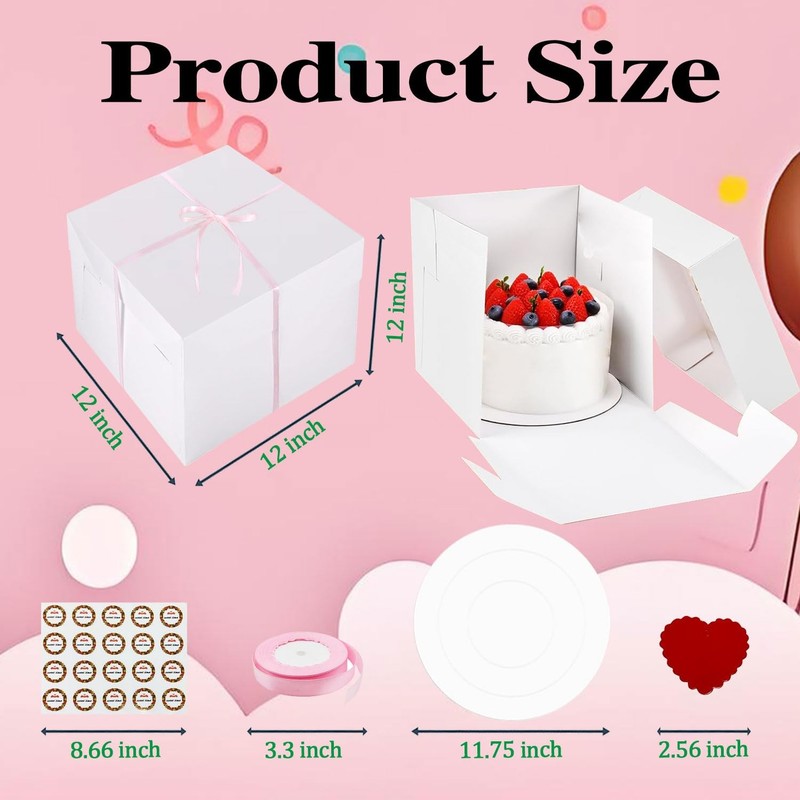 3 Pack 12x12x12 Cake Boxes & Cake Boards - Disposable Cake Carrier with Lid, ... gallery