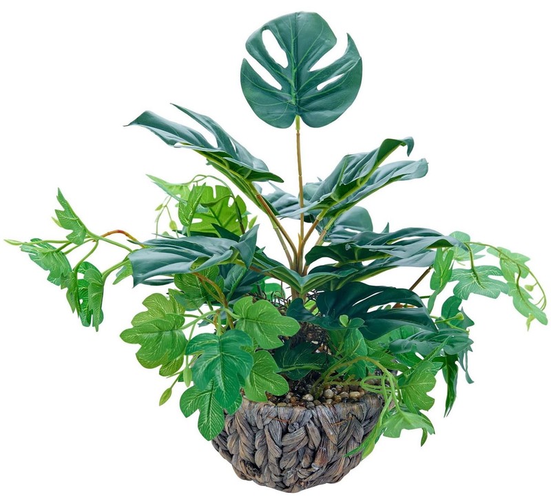 Alphaacc 15.8 Artificial Monstera Plant In Rattan Woven Round Basket Planter