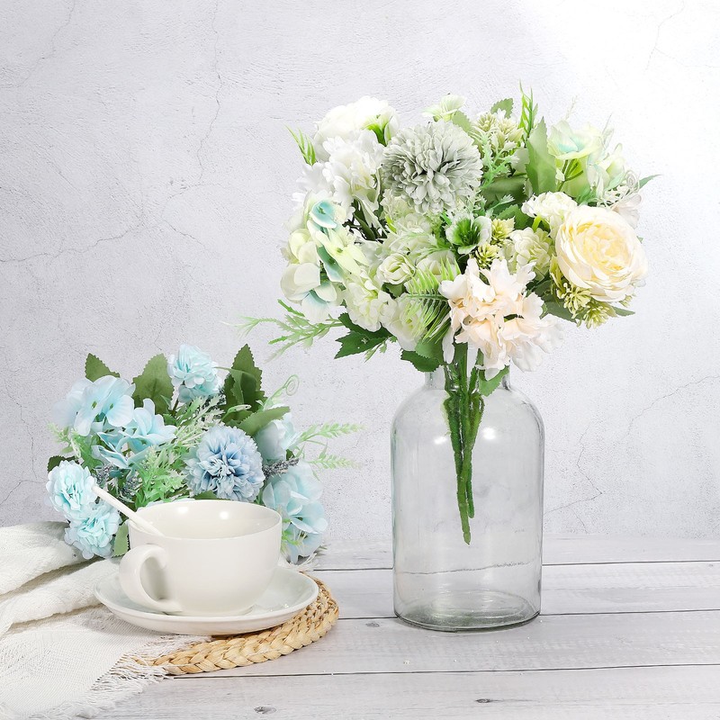 7 Branch Artificial Silk Rose Hydrangea Fake Flowers with Stem, Green gallery