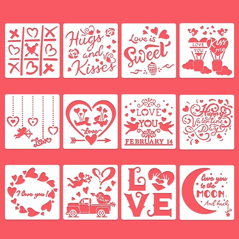12 PCS Valentines Day Cake Stencils Kit Reusable Cookie Coffee Drawing Craft gallery