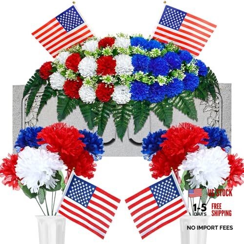 3 Pcs Day Headstone Flower Saddle Cemetery Red, Blue and White Memorial