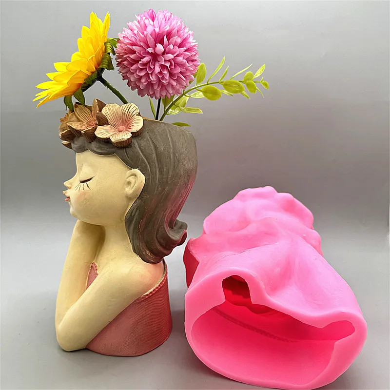 DIY silicone mold 3D cute girl flower pot resin gypsum concrete crystal drip glu gallery