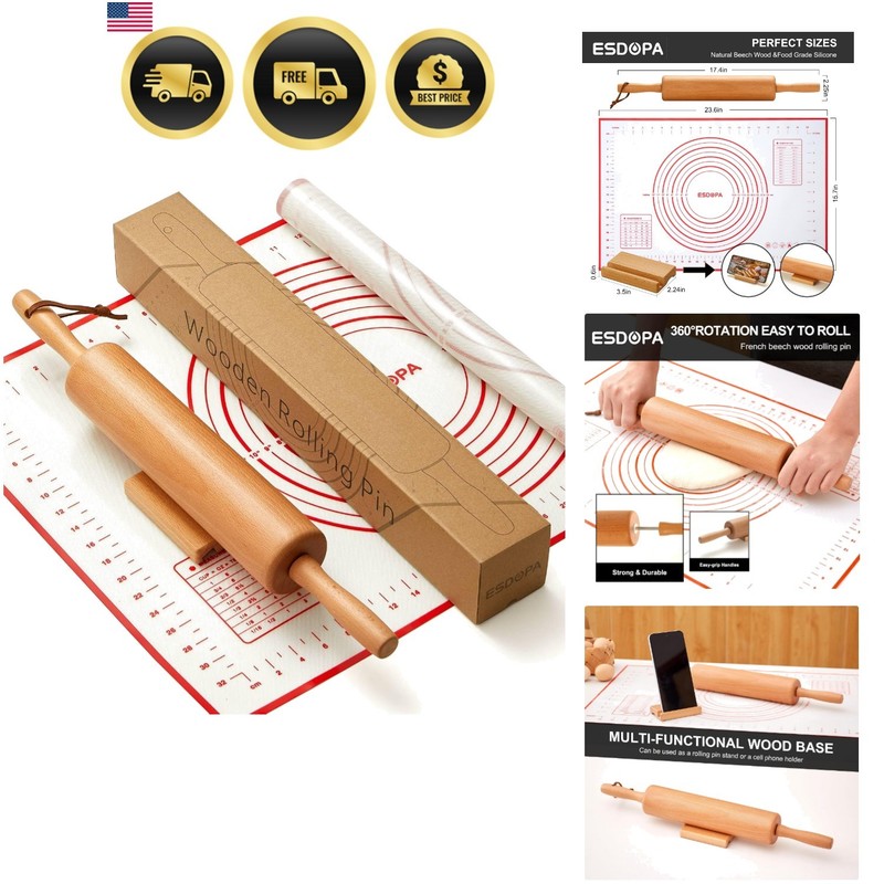 Classic Wood Rolling Pin – Wooden Rolling Pins for Baking Silicone Mat Set, D…