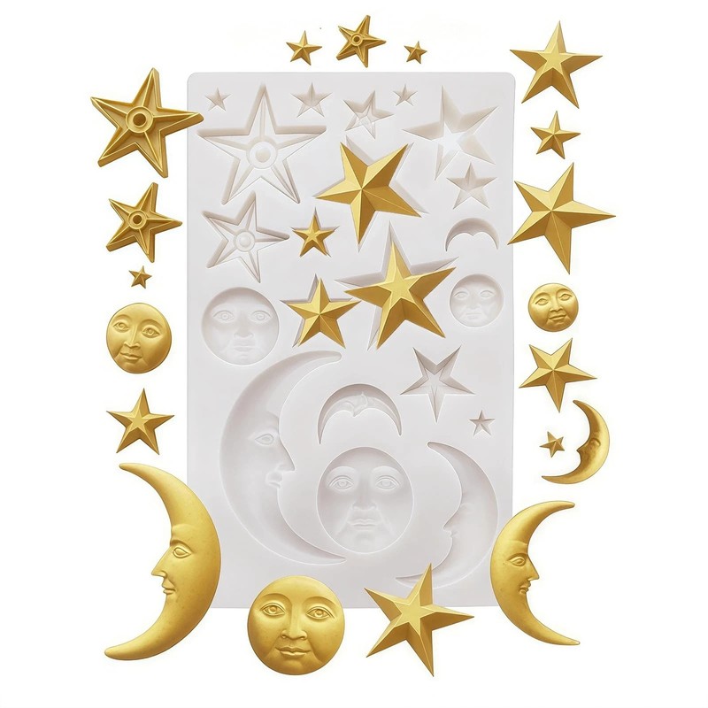Sun Face, Moon and Star Silicone Fondant Mold Gumpaste Polymer Clay Molds Chocol