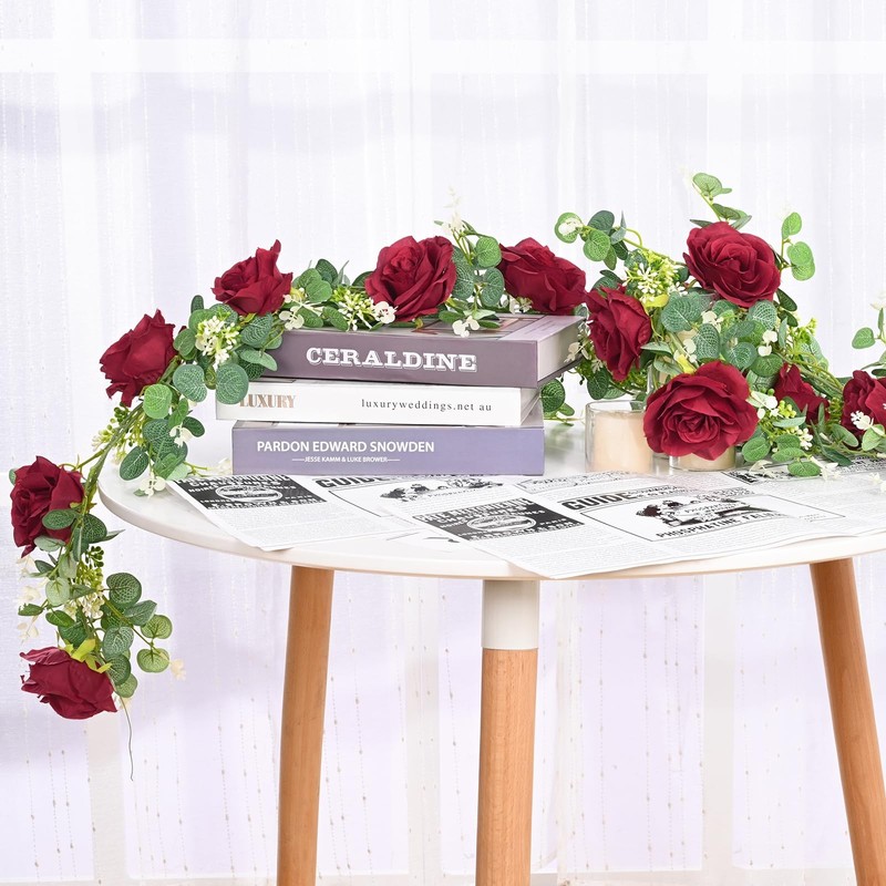 Dolicer 4x 26Ft Artificial Eucalyptus Garlands with 8 Red Roses Faux Floral gallery