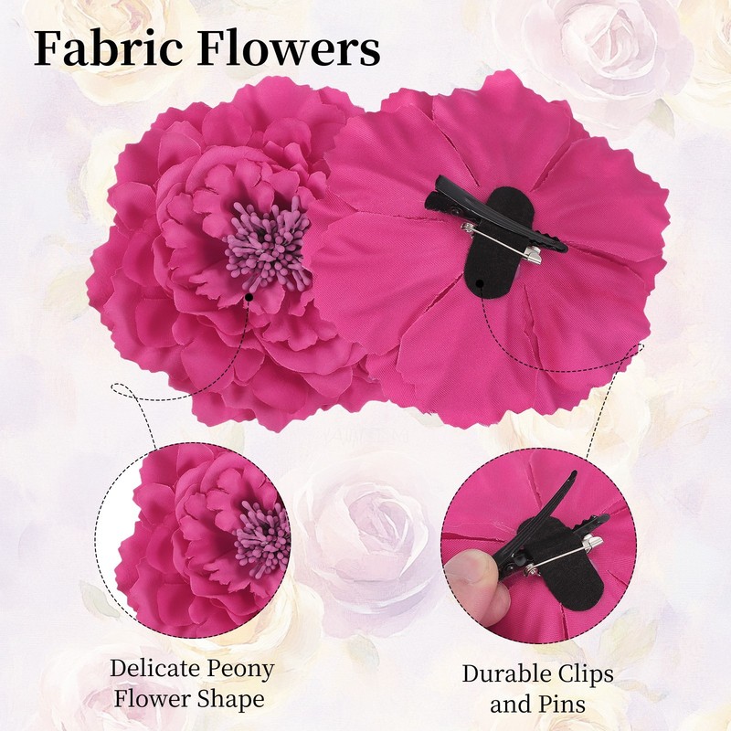 3 Pcs Peony Flowers Hair Clip, 4.7" Artificial Flower, Rose Red/Black/White gallery